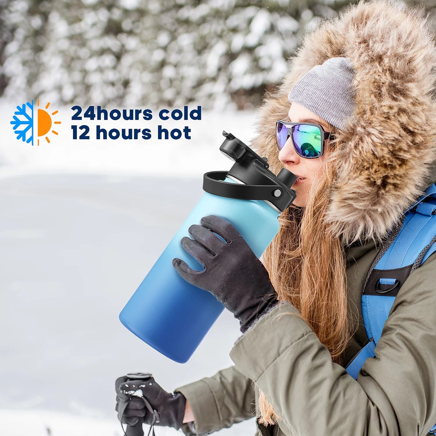 Stainless Steel Water Bottle 40Oz with 2-In-1 Leak Proof Lids(Chug Lid and Straw Lid) Wide Mouth Water Bottle with Straw for Sports and Travel