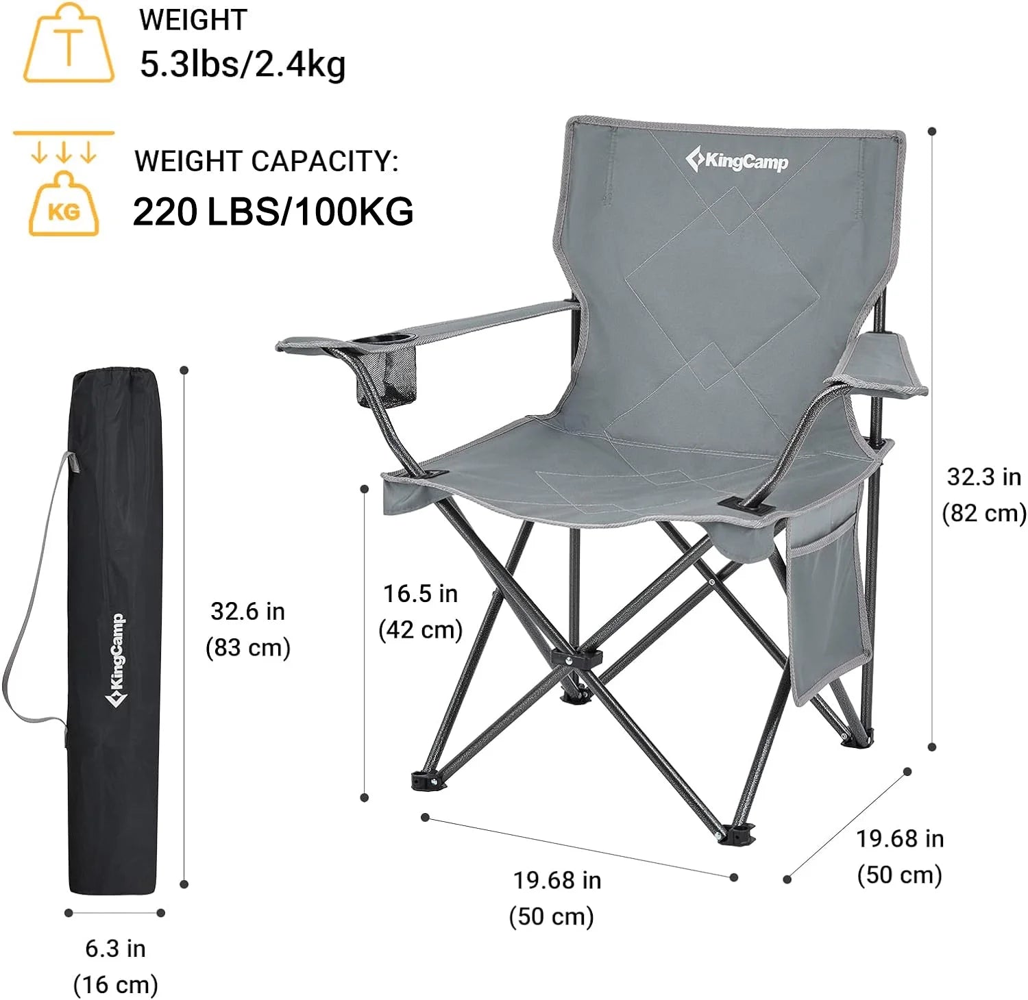 Folding Camping Chair - 220 Lbs Lightweight Build Portable Lawn Chairs, Grey, Ideal for Space-Saving Outdoor Trips
